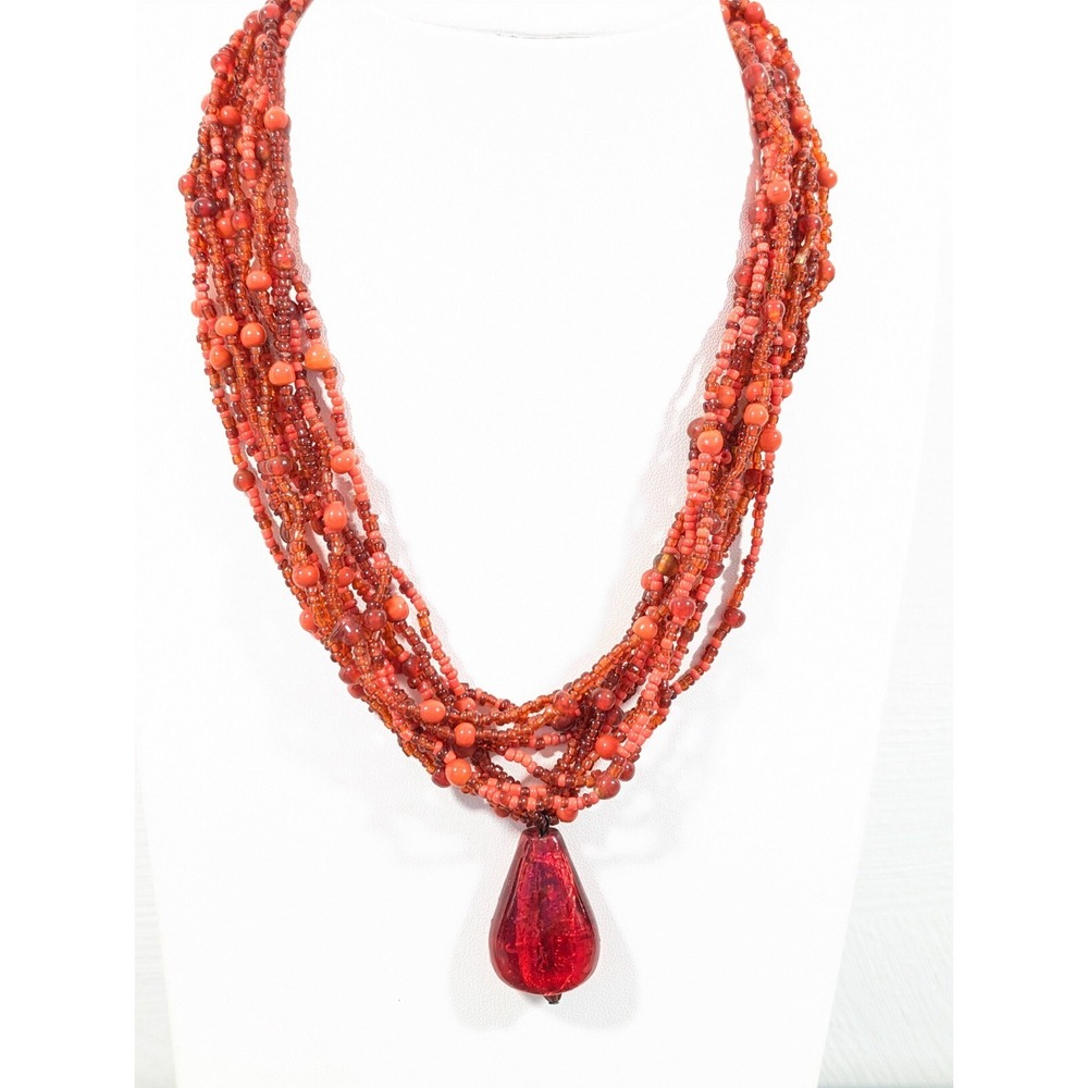 Red Glass Pendant Multi Strand Necklace Boho Tribal Western Statement 18"